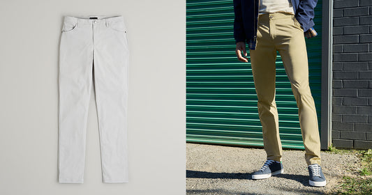 Men's tall traveler pants in light grey and tan colors