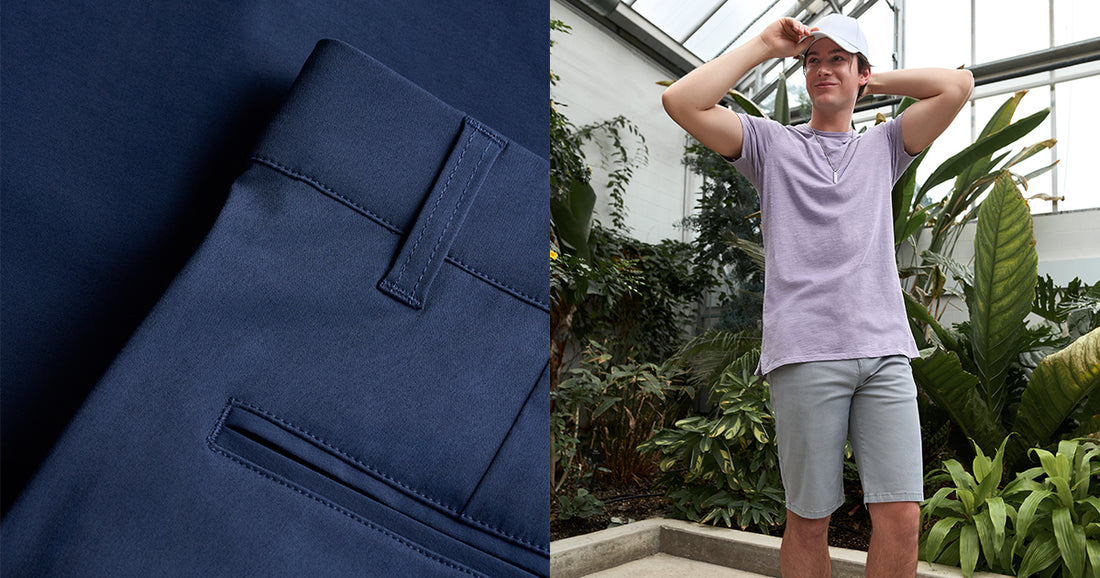 Closeup of chino shorts. Tall man wearing lavender t-shirt and grey color chino shorts