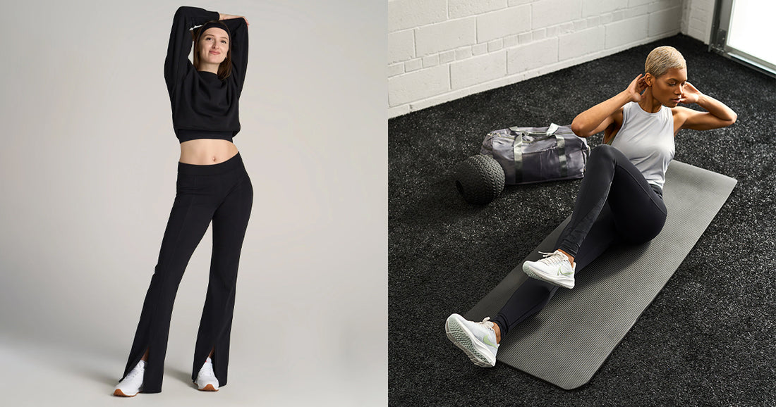 Tall woman standing up wearing black split leg flare leggings and black cropped sweatshirt. Tall woman exercising on yoga mat wearing leggings and tank top