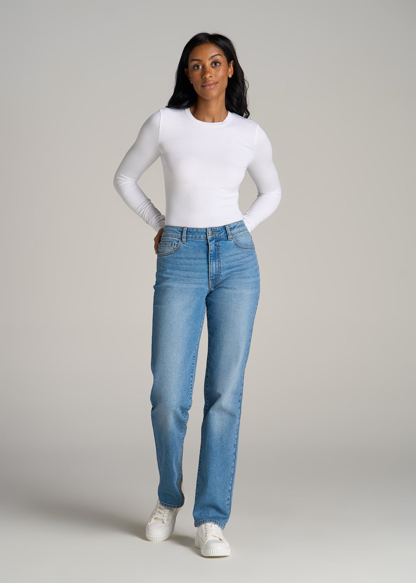 FITTED Ribbed Long Sleeve Tee in White - Tall Women's Shirts