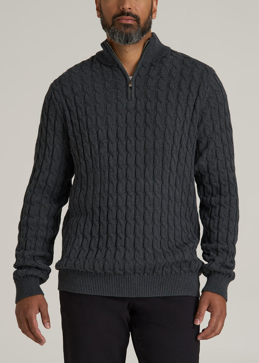 Cable Knit Half Zip Sweater for Tall Men in Charcoal Mix