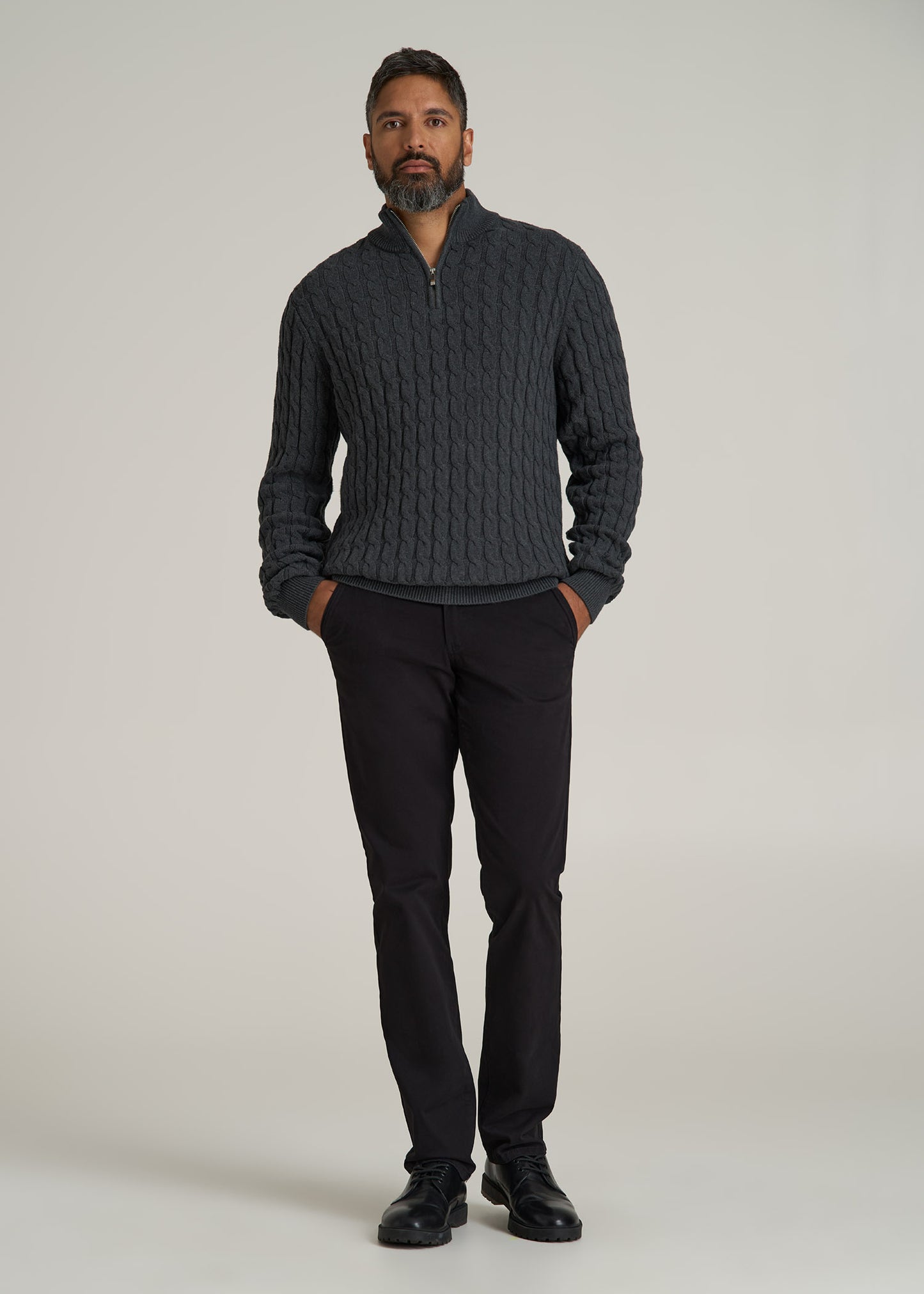 Cable Knit Half Zip Sweater for Tall Men in Charcoal Mix