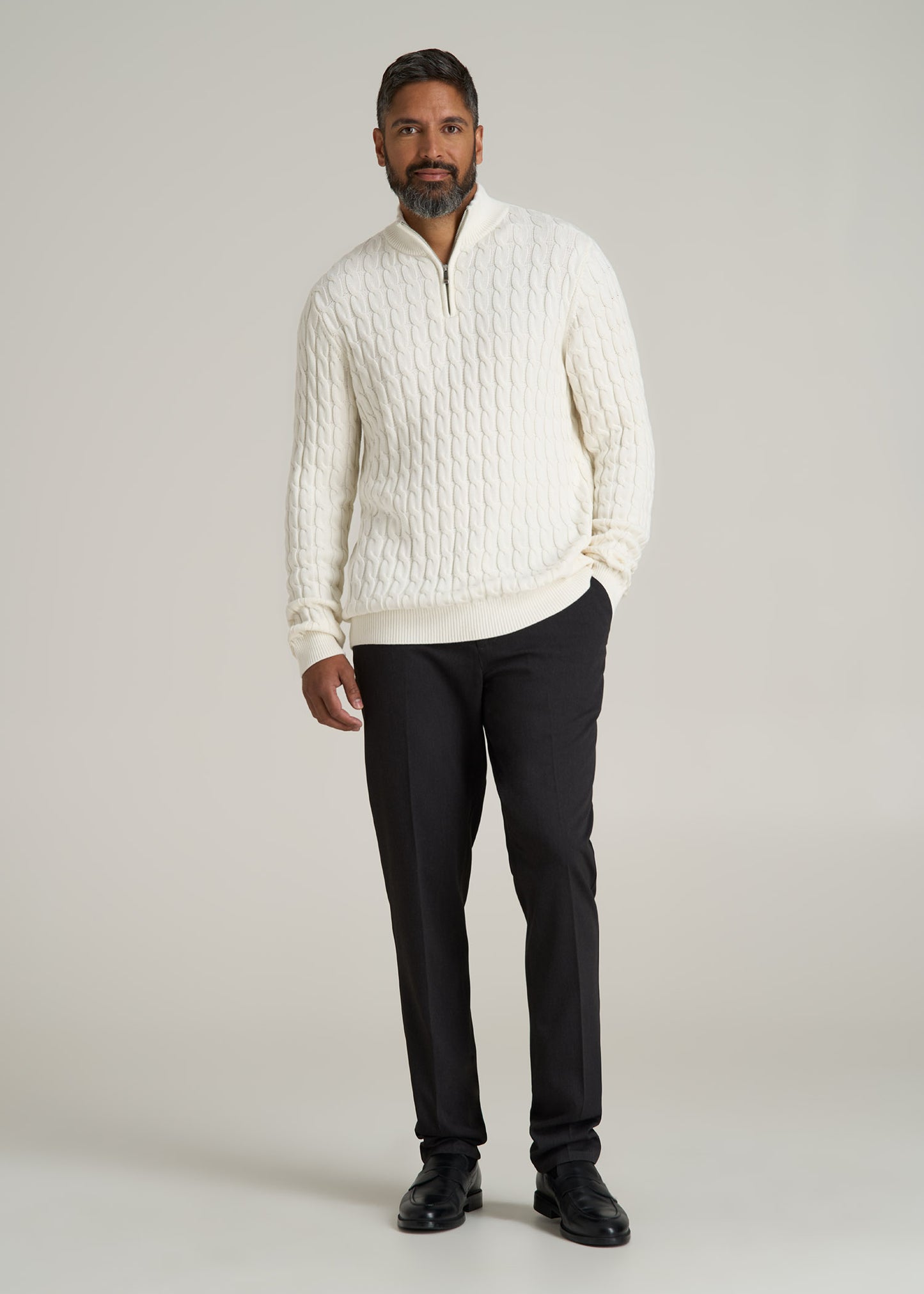 Cable Knit Half Zip Sweater for Tall Men in Ivory White