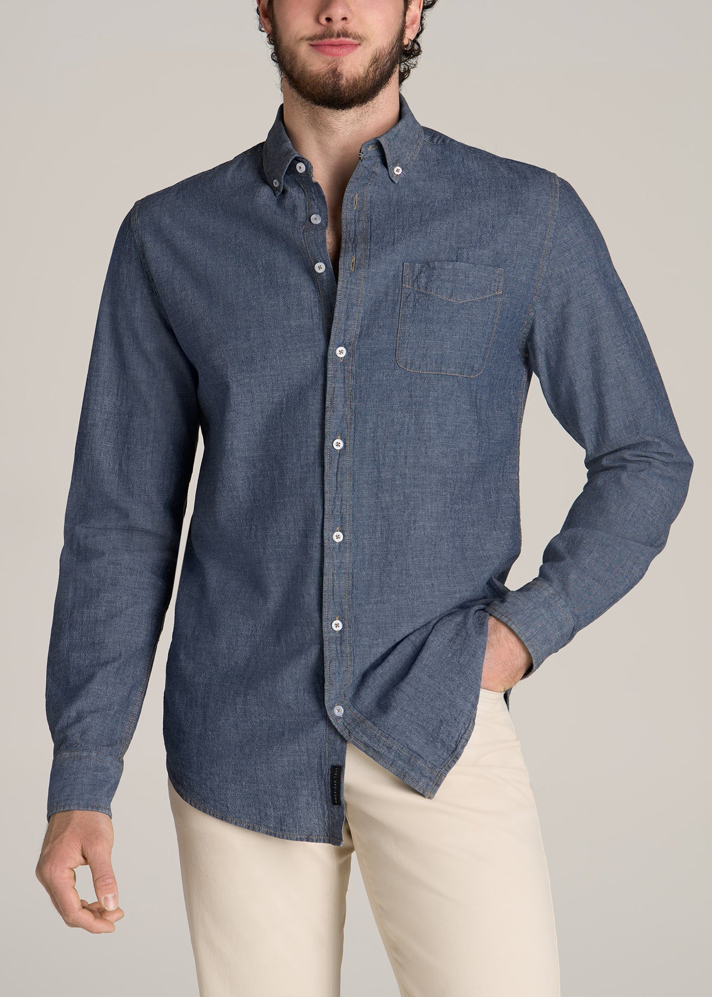 American-Tall-Men-Chambray-Button-Down-Shirt-Medium-Chambray-front