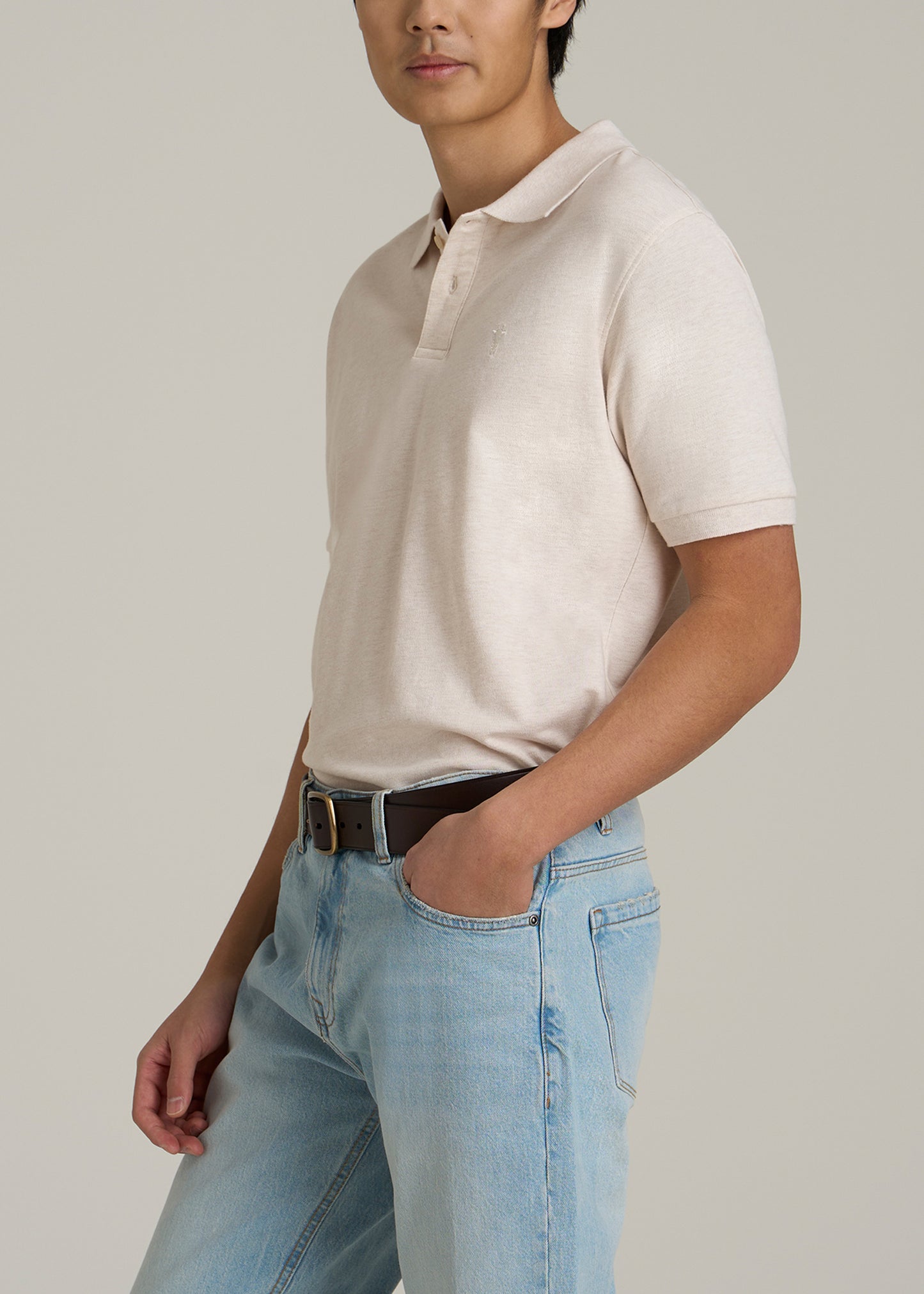 Men's Tall Classic Polo with Embroidered Logo in Heathered Oatmeal