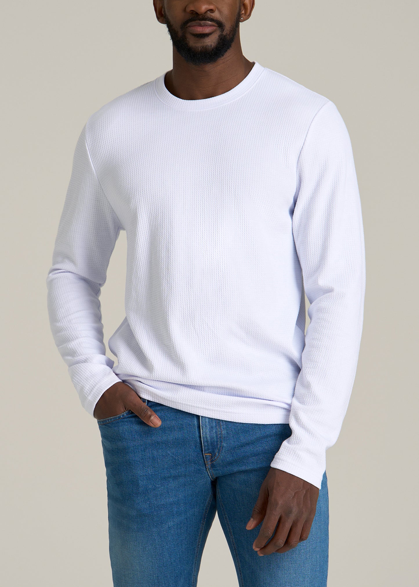 Cloud Knit Waffle Long Sleeve Tee for Tall Men in White