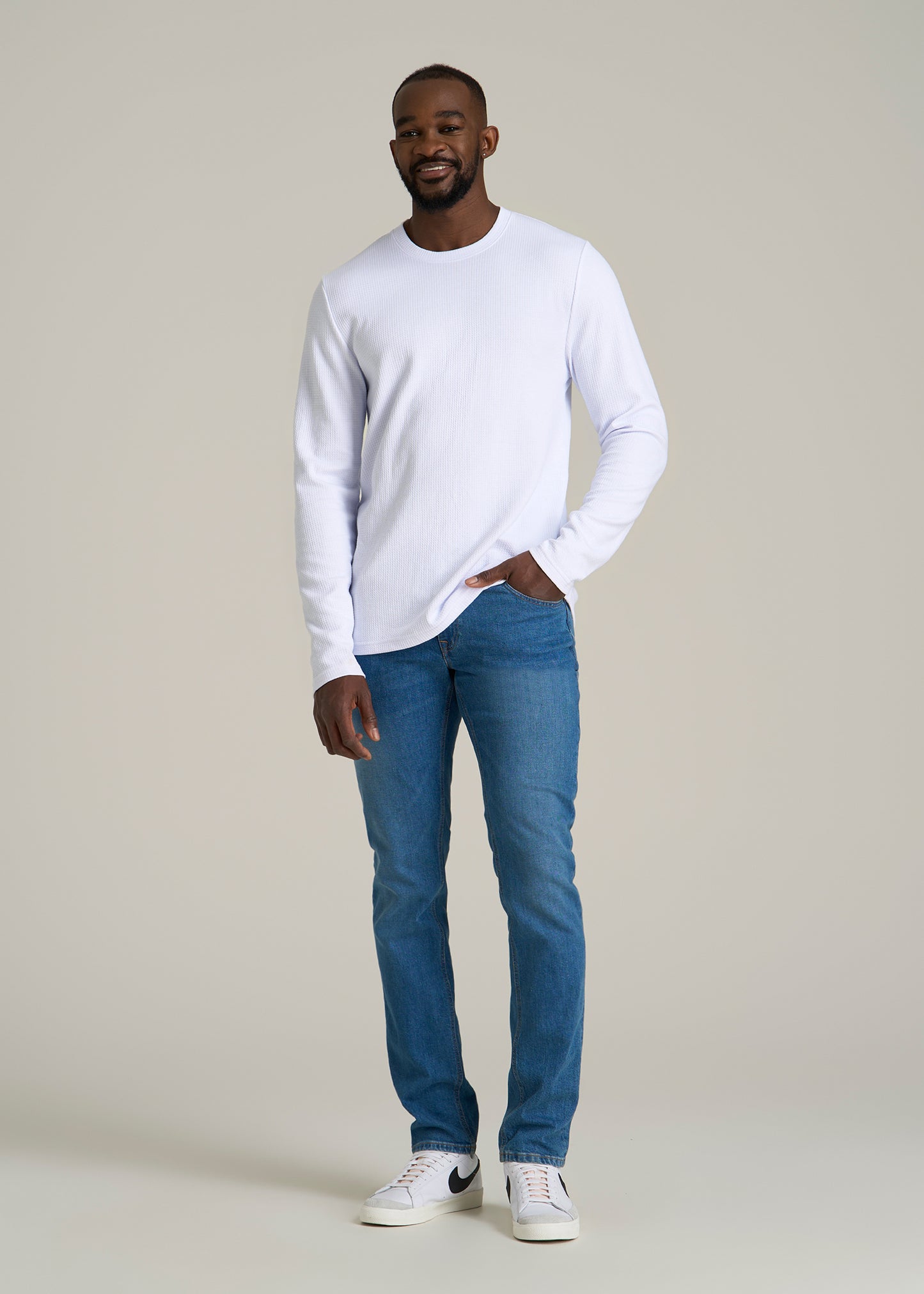 Cloud Knit Waffle Long Sleeve Tee for Tall Men in White