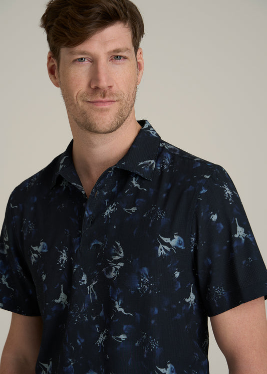 Coastal Perforated Tall Men's Polo Shirt in Black and Violet Floral