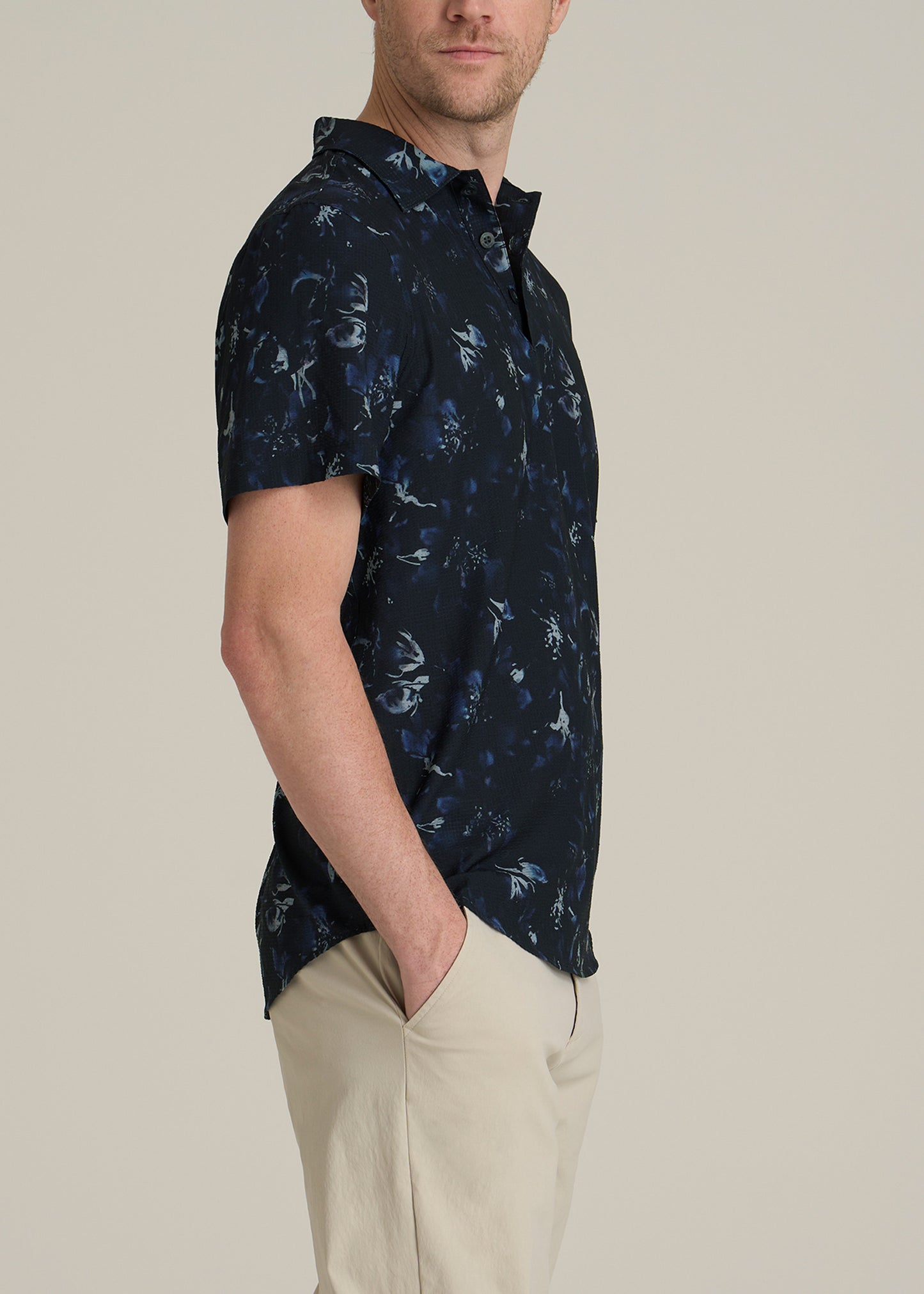 Coastal Perforated Tall Men's Polo Shirt in Black and Violet Floral