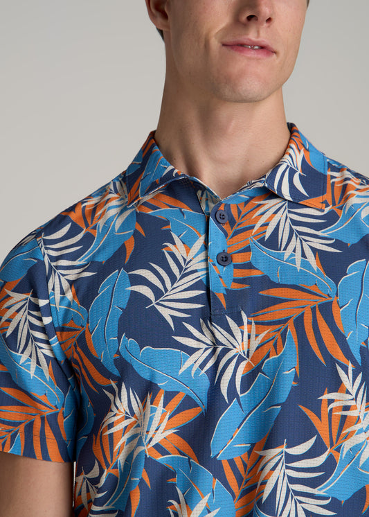 Coastal Perforated Tall Men's Polo Shirt in Blue and Orange Palms