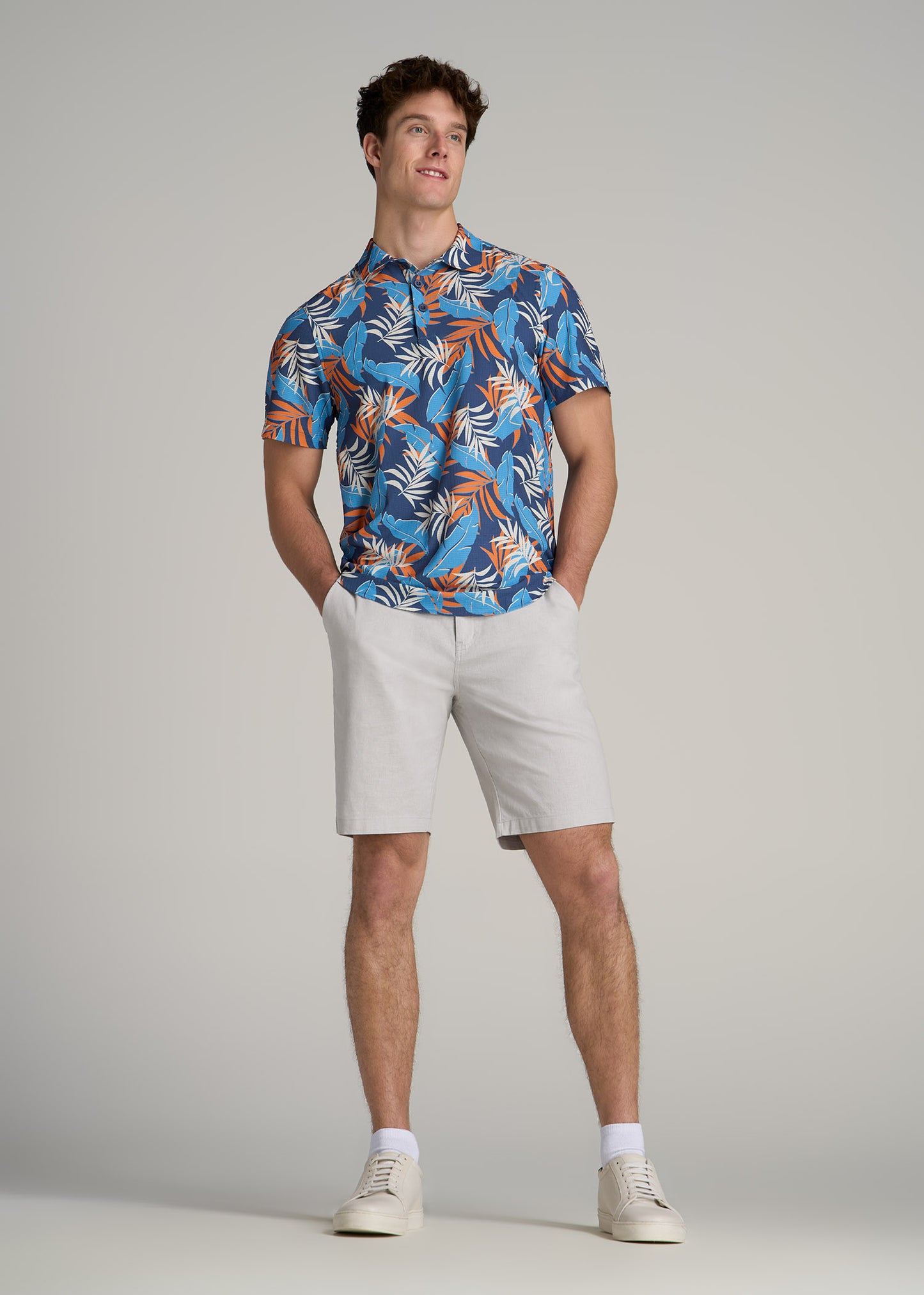 Coastal Perforated Tall Men's Polo Shirt in Blue and Orange Palms