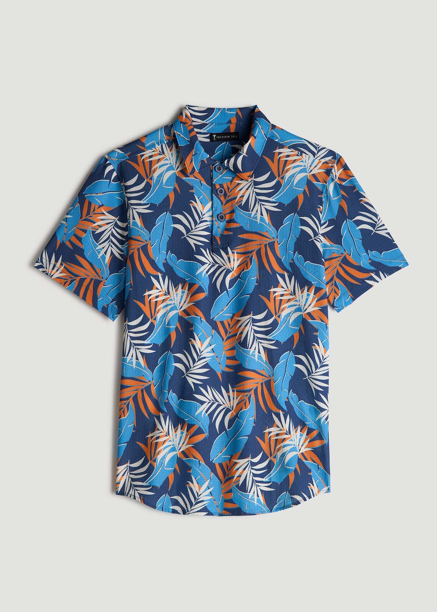 Coastal Perforated Tall Men's Polo Shirt in Blue and Orange Palms