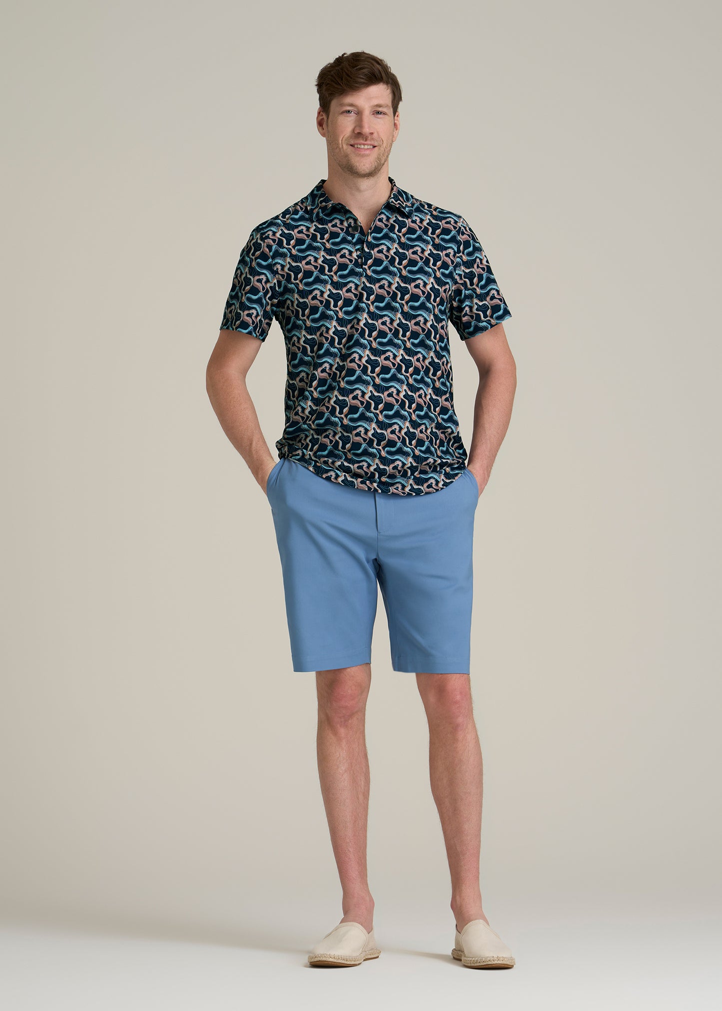 Coastal Perforated Tall Men's Polo Shirt in Blue and Rose Abstract