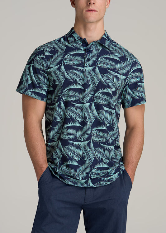 Coastal Perforated Tall Men's Polo Shirt in Navy and Aqua Palms