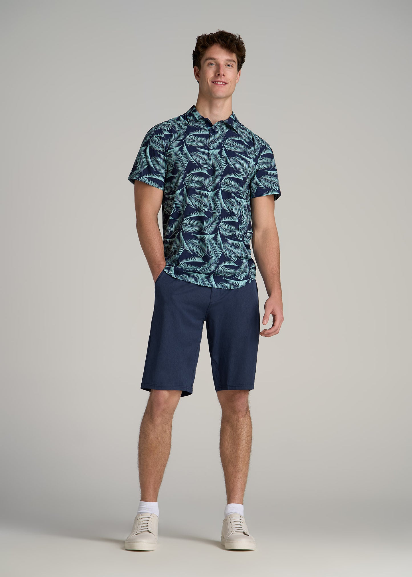 Coastal Perforated Tall Men's Polo Shirt in Navy and Aqua Palms