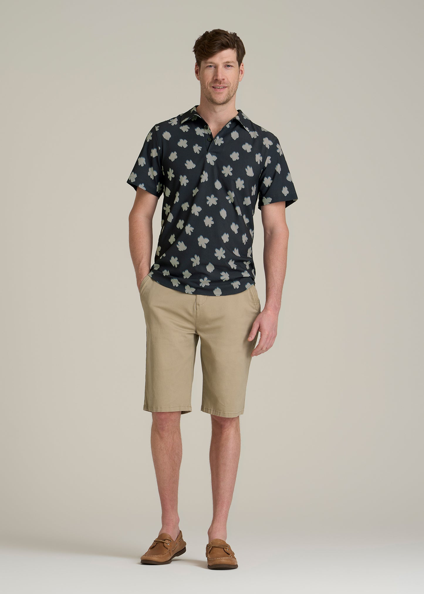 Coastal Perforated Tall Men's Polo Shirt in Navy and Bone Floral