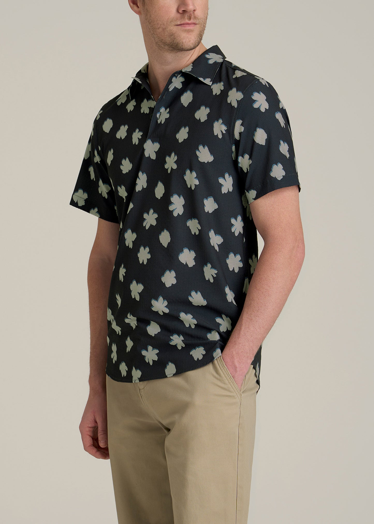 Coastal Perforated Tall Men's Polo Shirt in Navy and Bone Floral