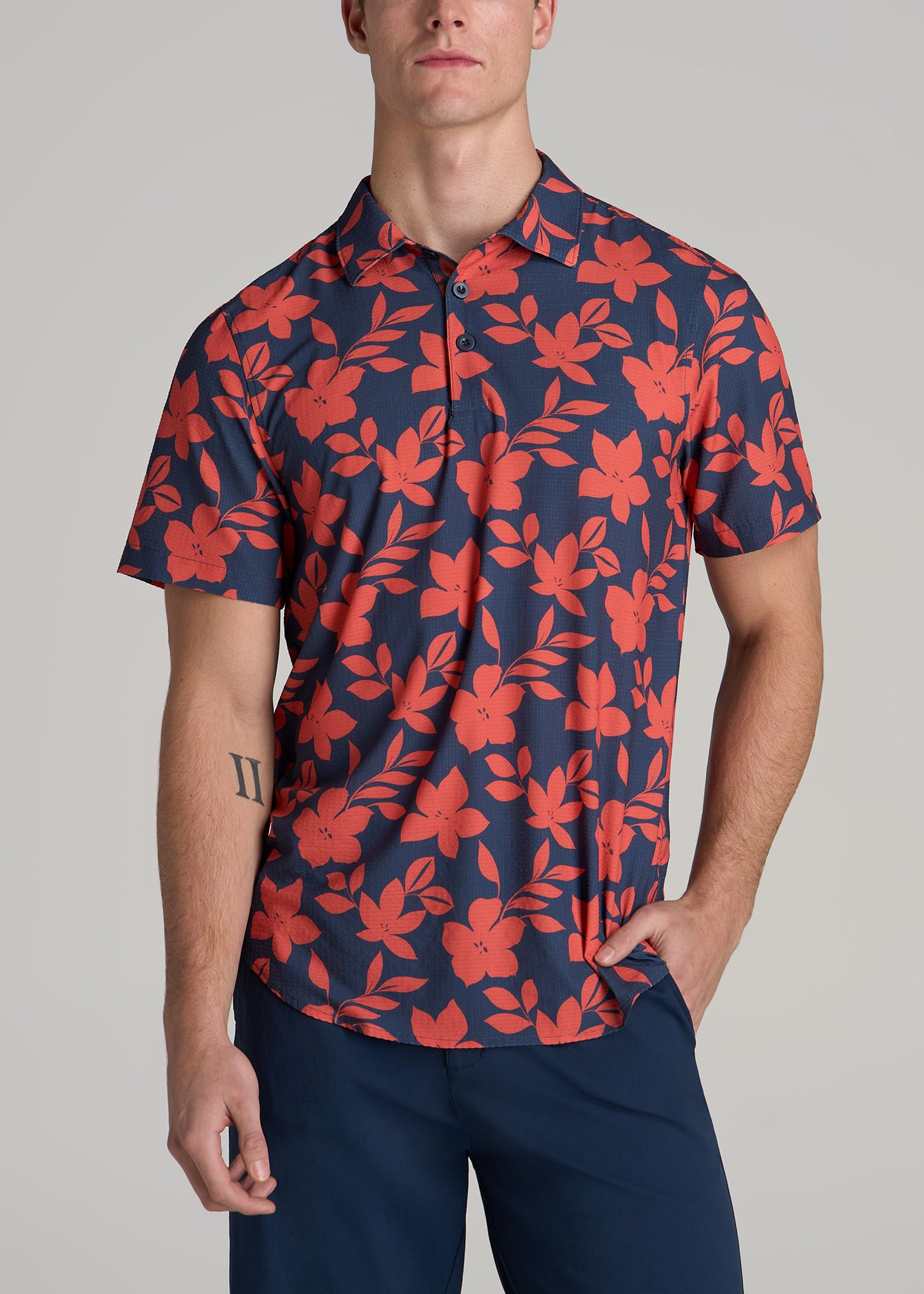 Coastal Perforated Tall Men's Polo Shirt in Storm and Orange Hibiscus