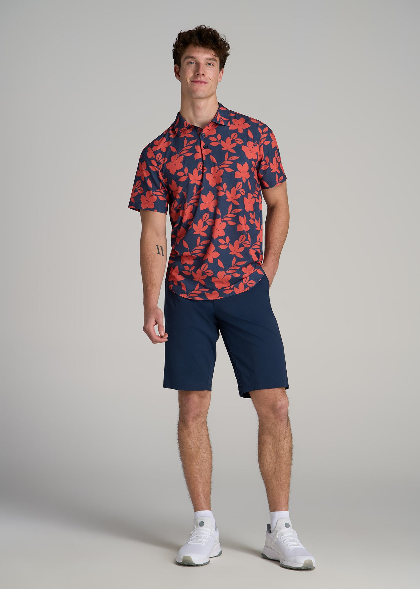 Coastal Perforated Tall Men's Polo Shirt in Storm and Orange Hibiscus