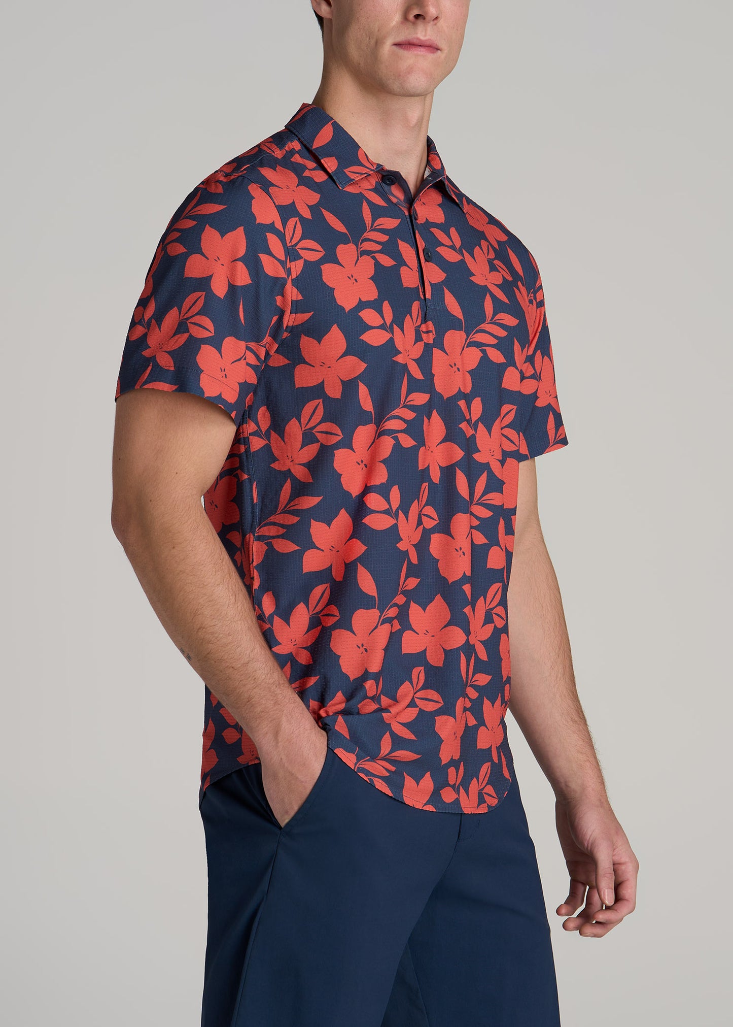 Coastal Perforated Tall Men's Polo Shirt in Storm and Orange Hibiscus