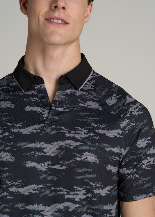 Contrast Collar A.T. Performance Print Golf Tall Men's Polo Shirt in Black and Grey Camo