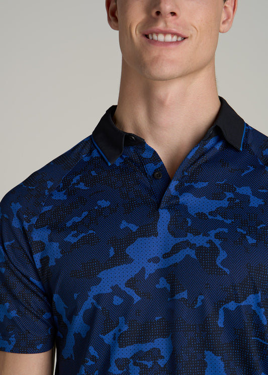 Contrast Collar A.T. Performance Print Golf Tall Men's Polo Shirt in Blue and Black Camo