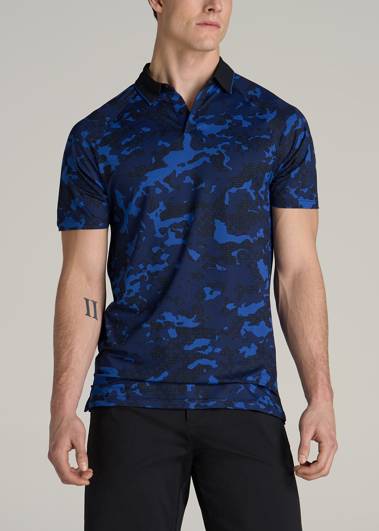 Contrast Collar A.T. Performance Print Golf Tall Men's Polo Shirt in Blue and Black Camo