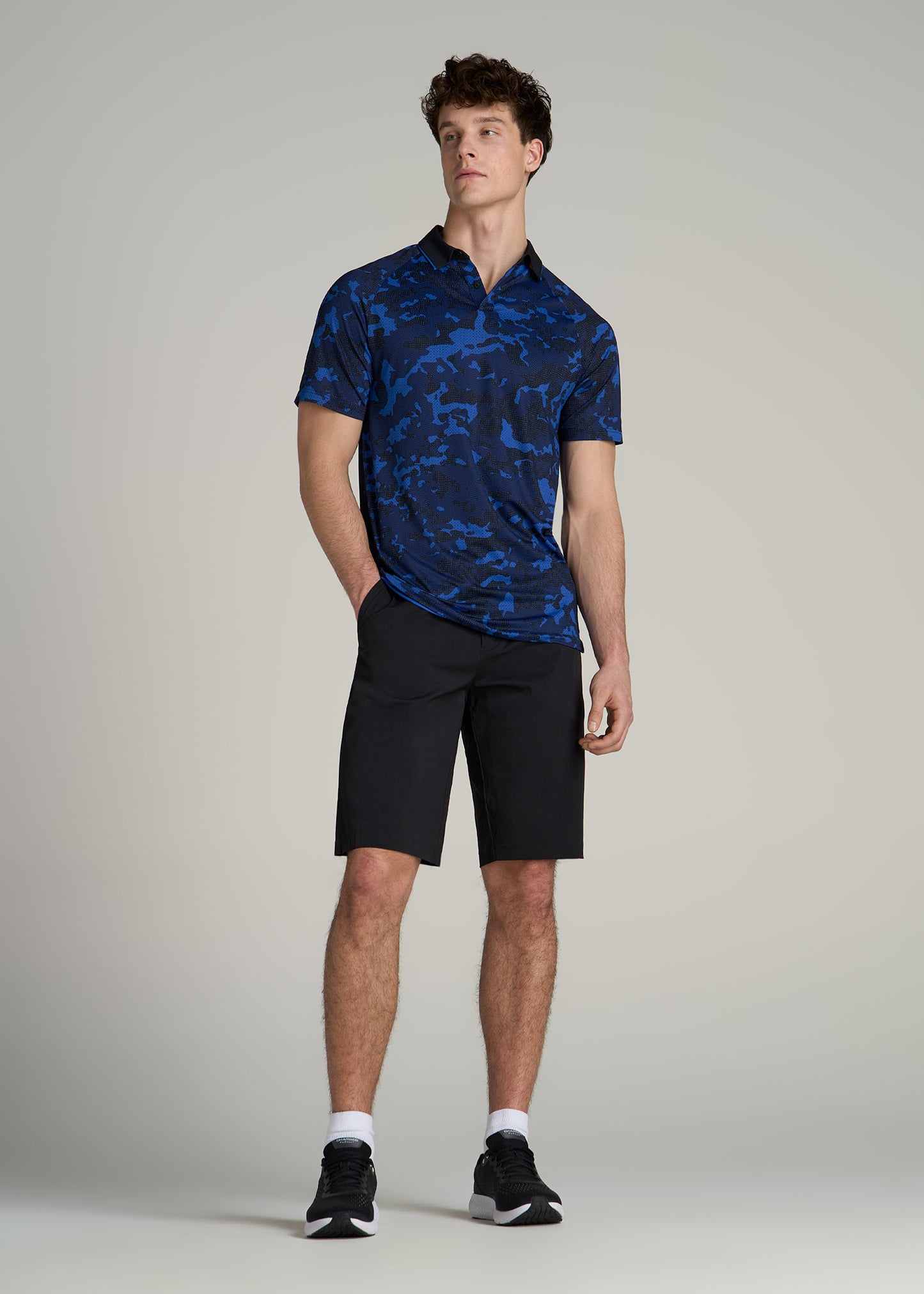 Contrast Collar A.T. Performance Print Golf Tall Men's Polo Shirt in Blue and Black Camo