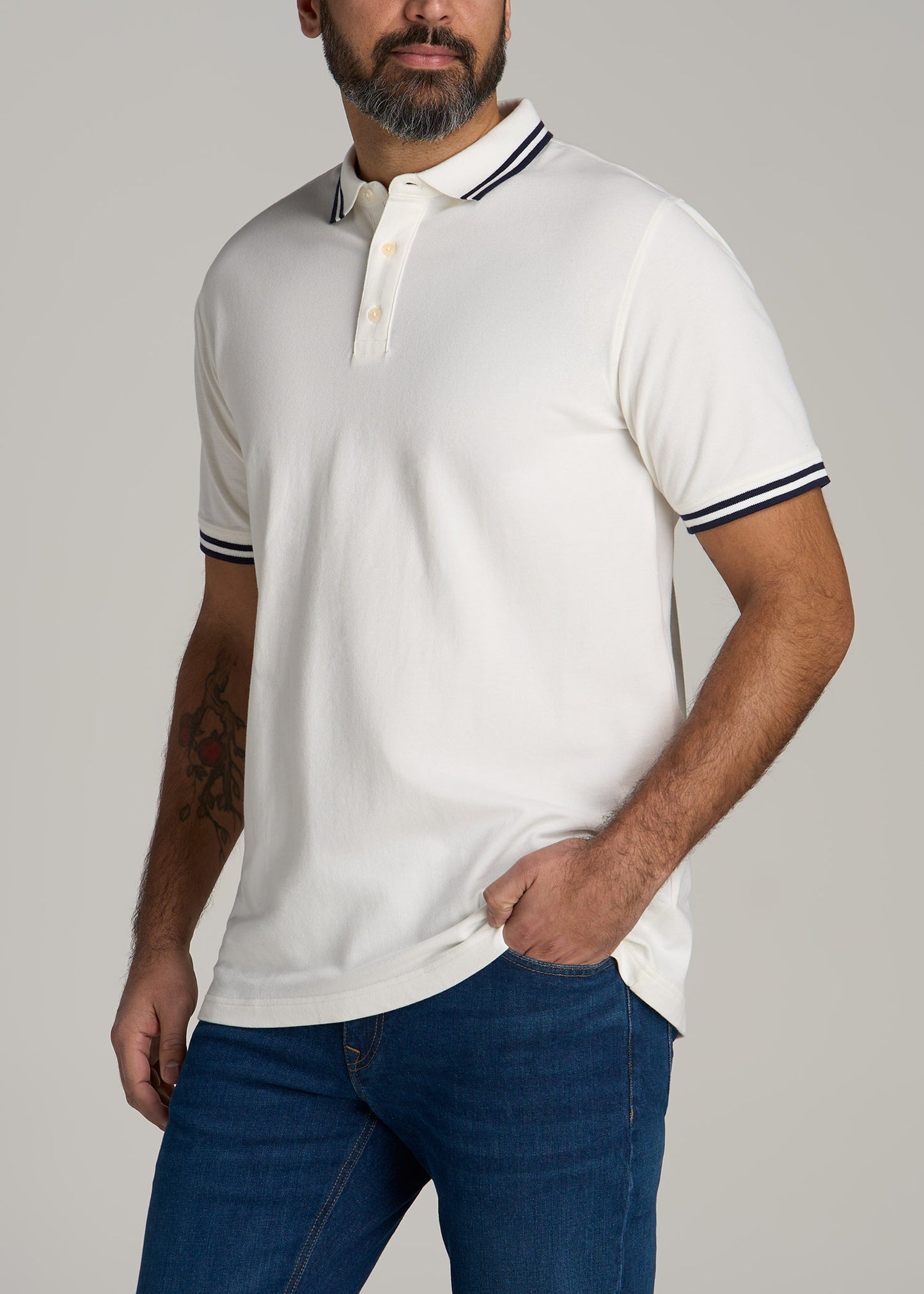 Contrast Tipped Polo Men's in Ecru