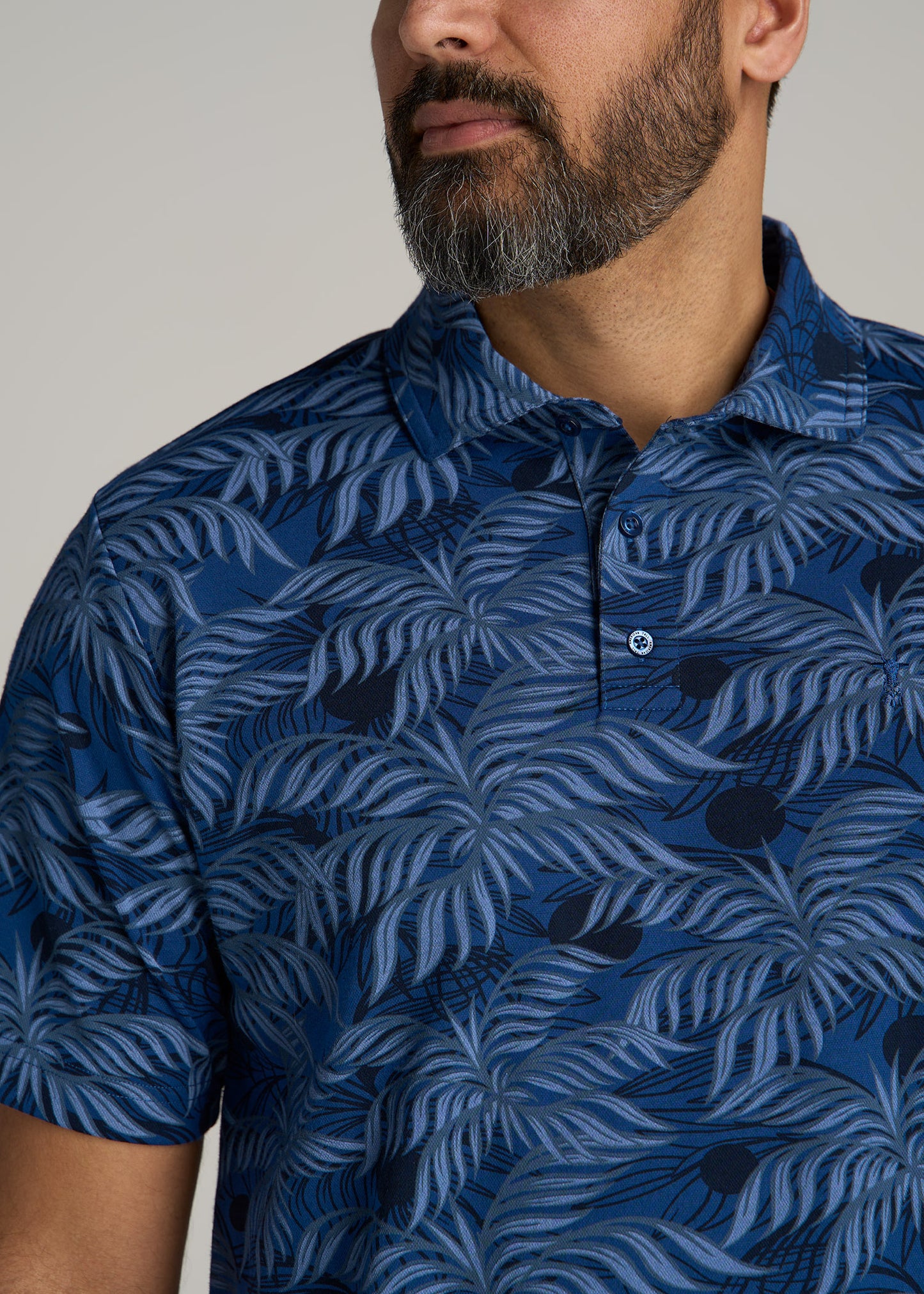 Cotton Stretch Print Polo Shirt for Tall Men in Blue Palm