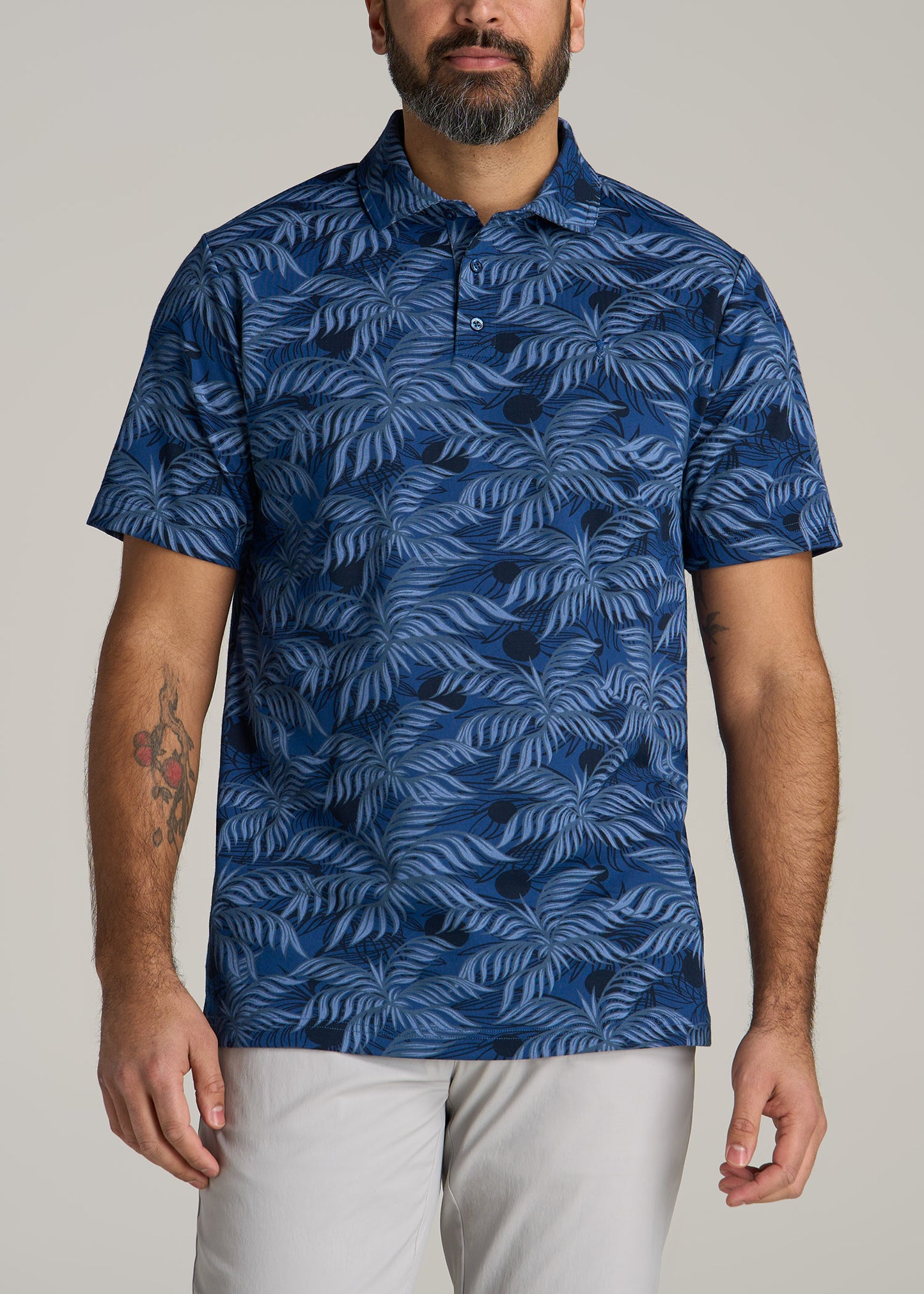 Cotton Stretch Print Polo Shirt for Tall Men in Blue Palm