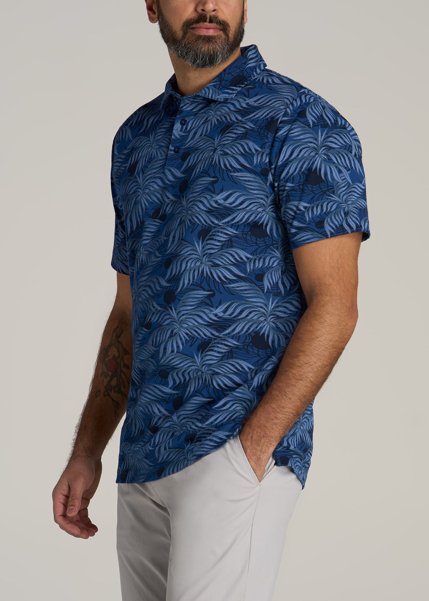 Cotton Stretch Print Polo Shirt for Tall Men in Blue Palm