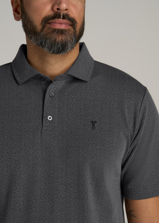 Cotton Stretch Print Polo Shirt for Tall Men in Charcoal Pindot