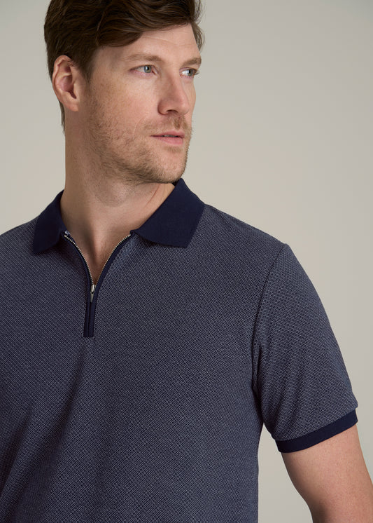 Embossed Geo Zip Collar Polo Shirt for Tall Men in Evening Blue