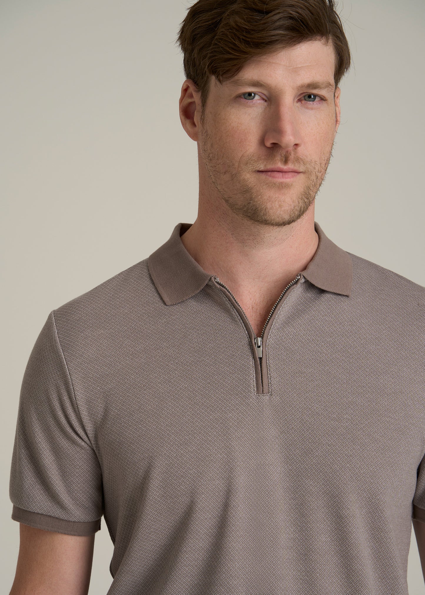 Embossed Geo Zip Collar Polo Shirt for Tall Men in Portobello