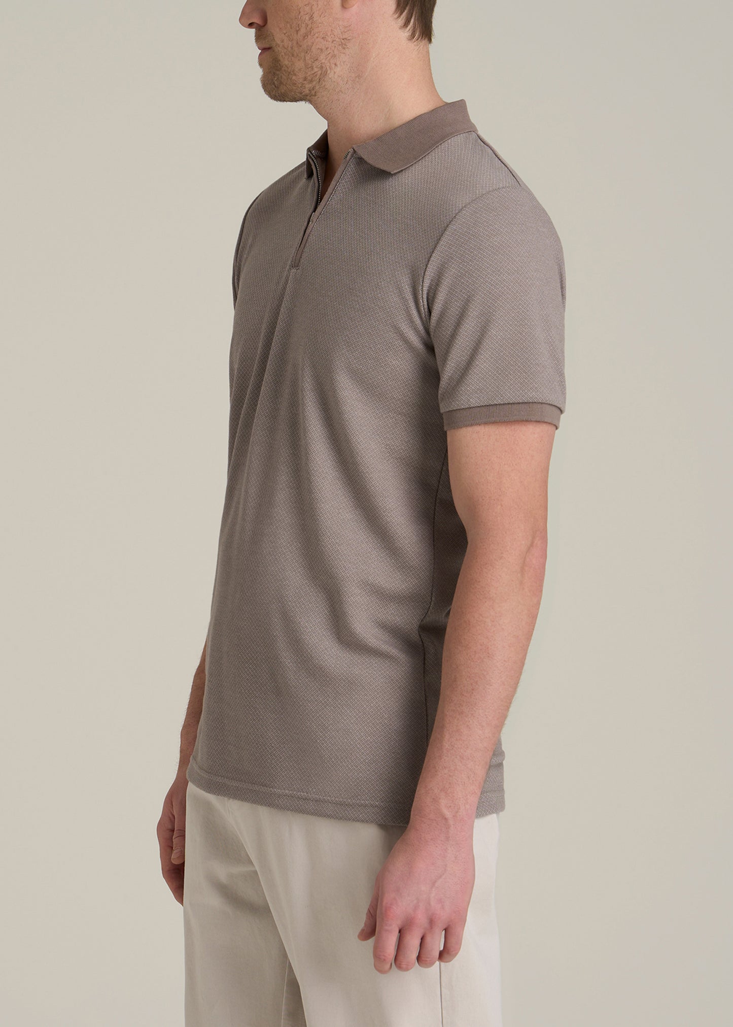 Embossed Geo Zip Collar Polo Shirt for Tall Men in Portobello