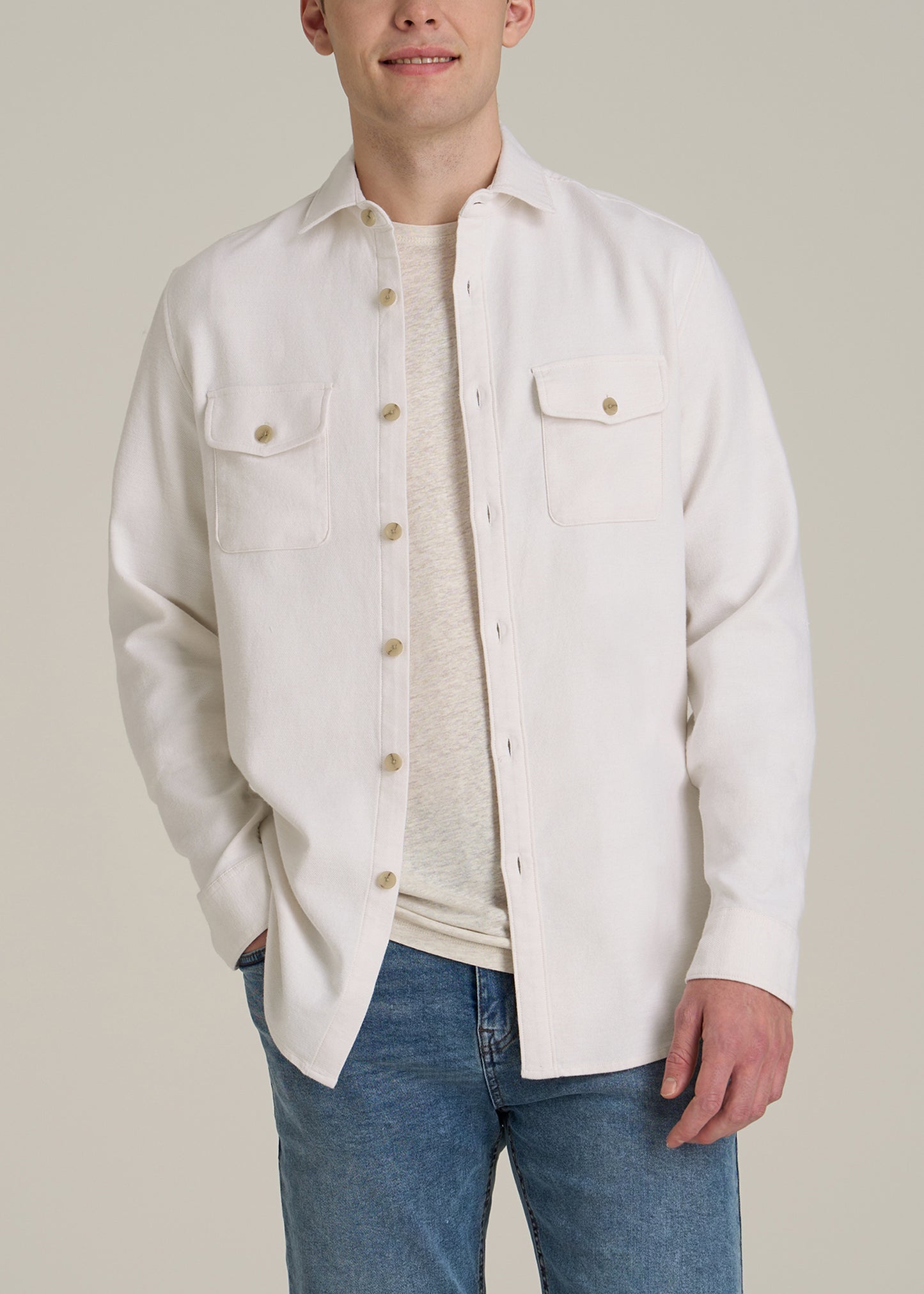 Everyday Comfort Terry Overshirt for Tall Men in White Swan