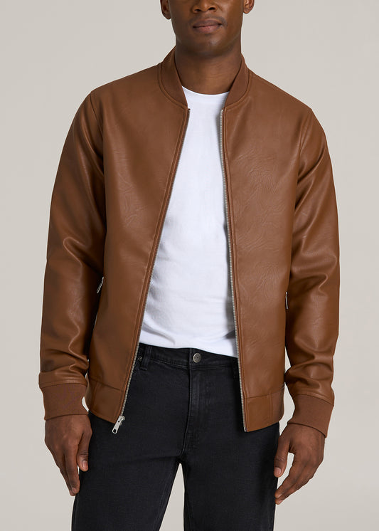 Faux Leather Bomber Jacket for Tall Men in Aztec Brown