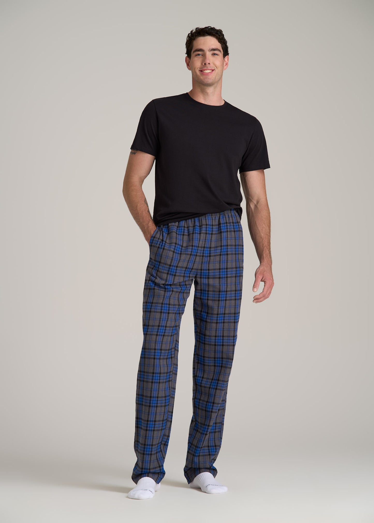 Plaid Pajama Pants for Tall Men in Grey and Cobalt Plaid