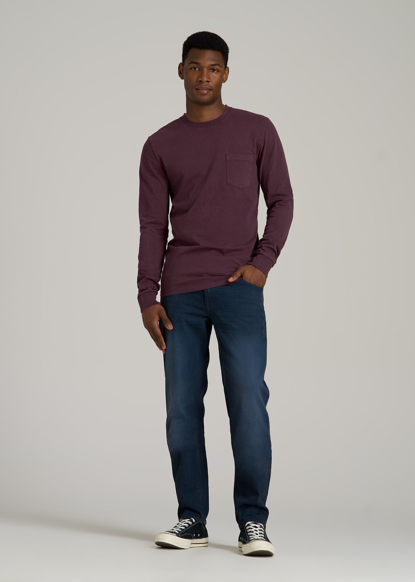 Garment Dyed Long Sleeve Pocket Tall Men's Tee in Deep Purple