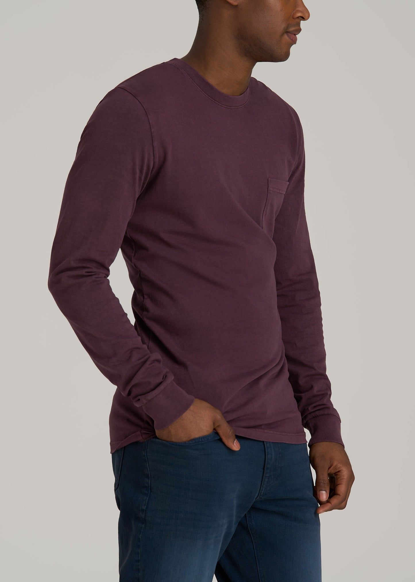 Garment Dyed Long Sleeve Pocket Tall Men's Tee in Deep Purple