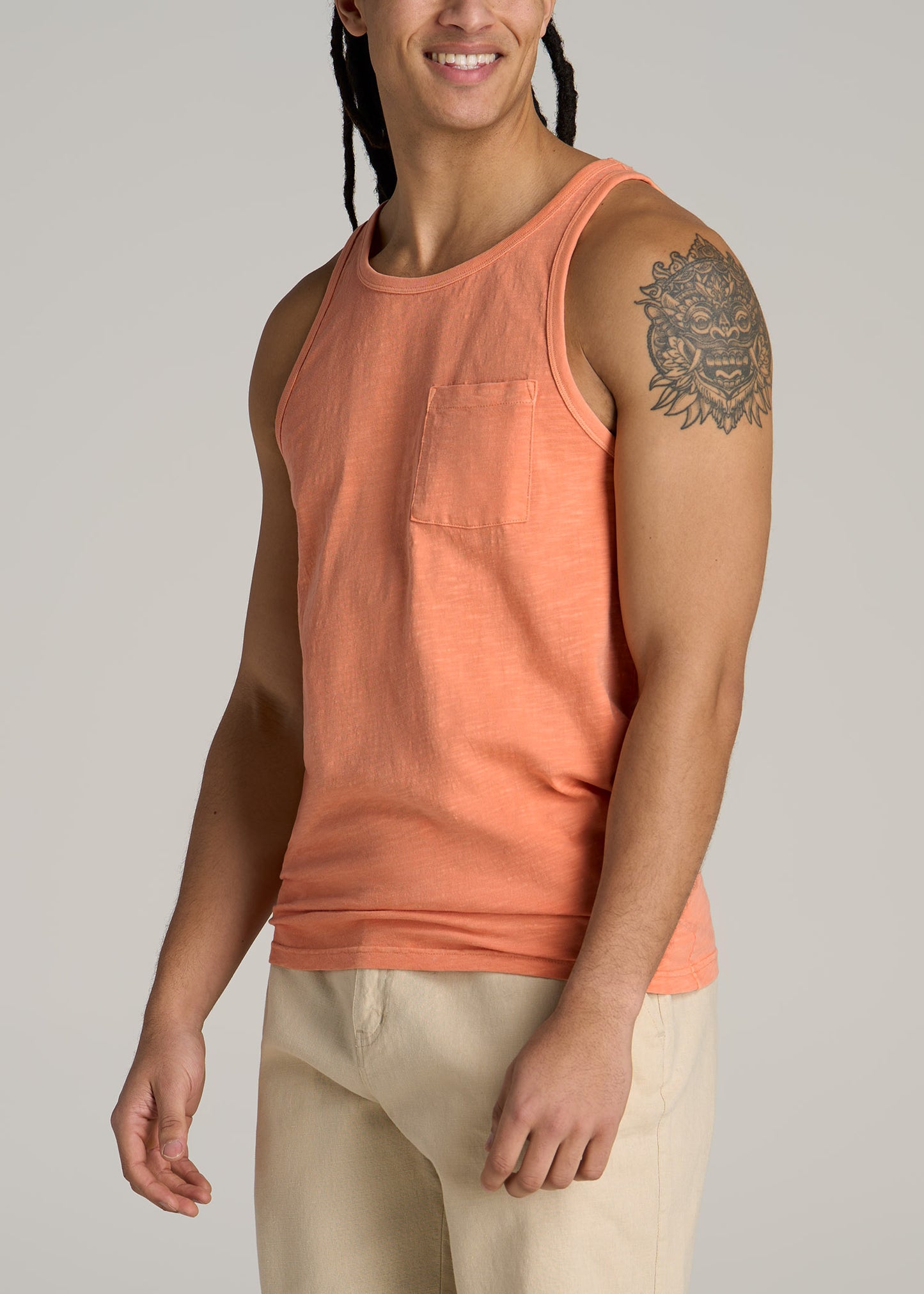 Garment Dyed Slub Pocket Tall Men's Tank Top in Apricot Crush