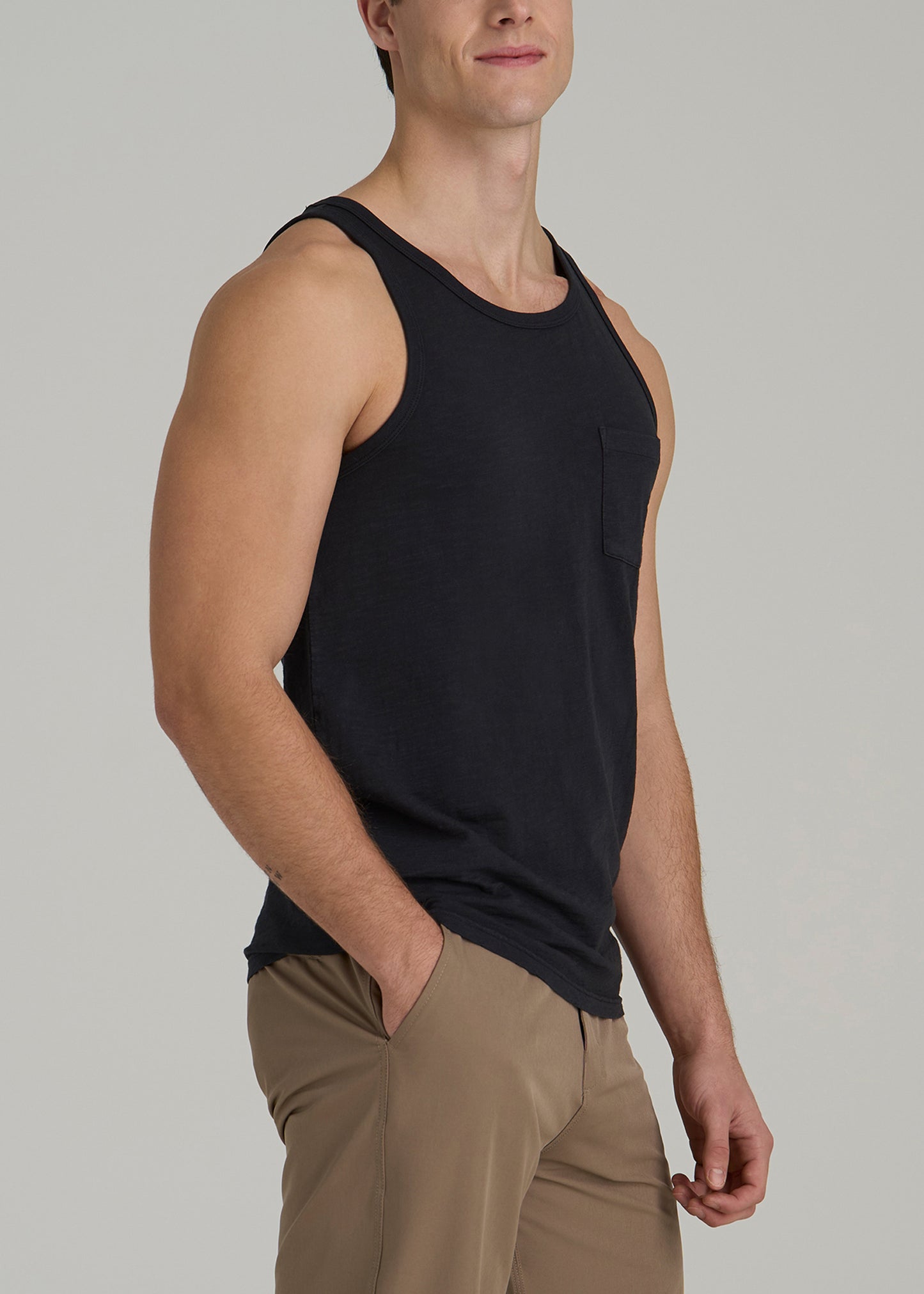 Garment Dyed Slub Pocket Tall Men's Tank Top in Black