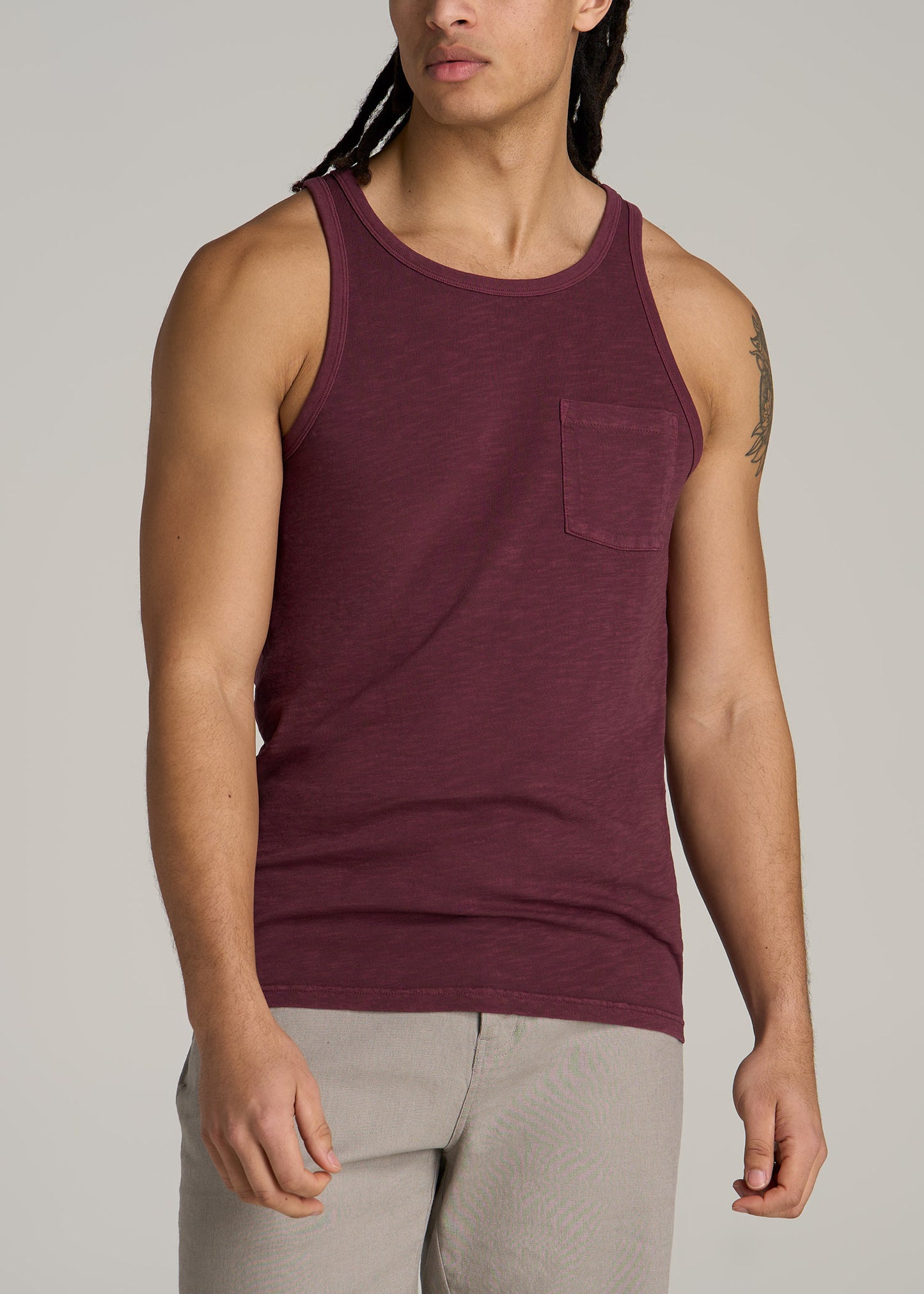 Garment Dyed Slub Pocket Tall Men's Tank Top in Dark Cherry