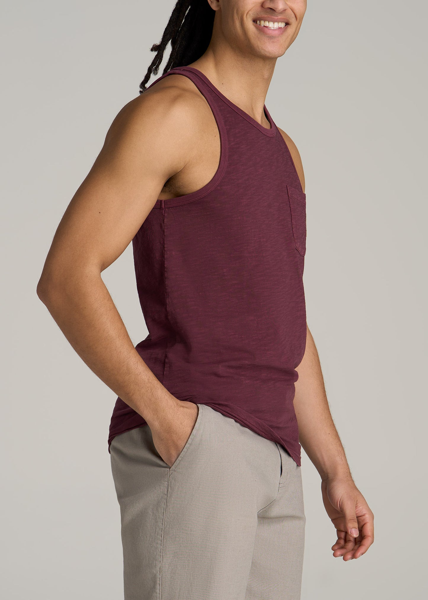 Garment Dyed Slub Pocket Tall Men's Tank Top in Dark Cherry