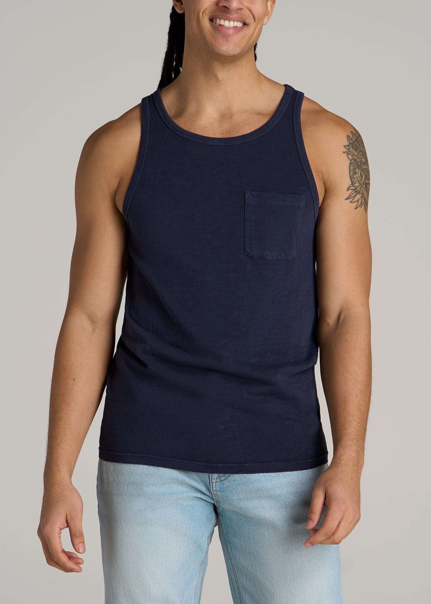 Garment Dyed Slub Pocket Tall Men's Tank Top in Evening Blue