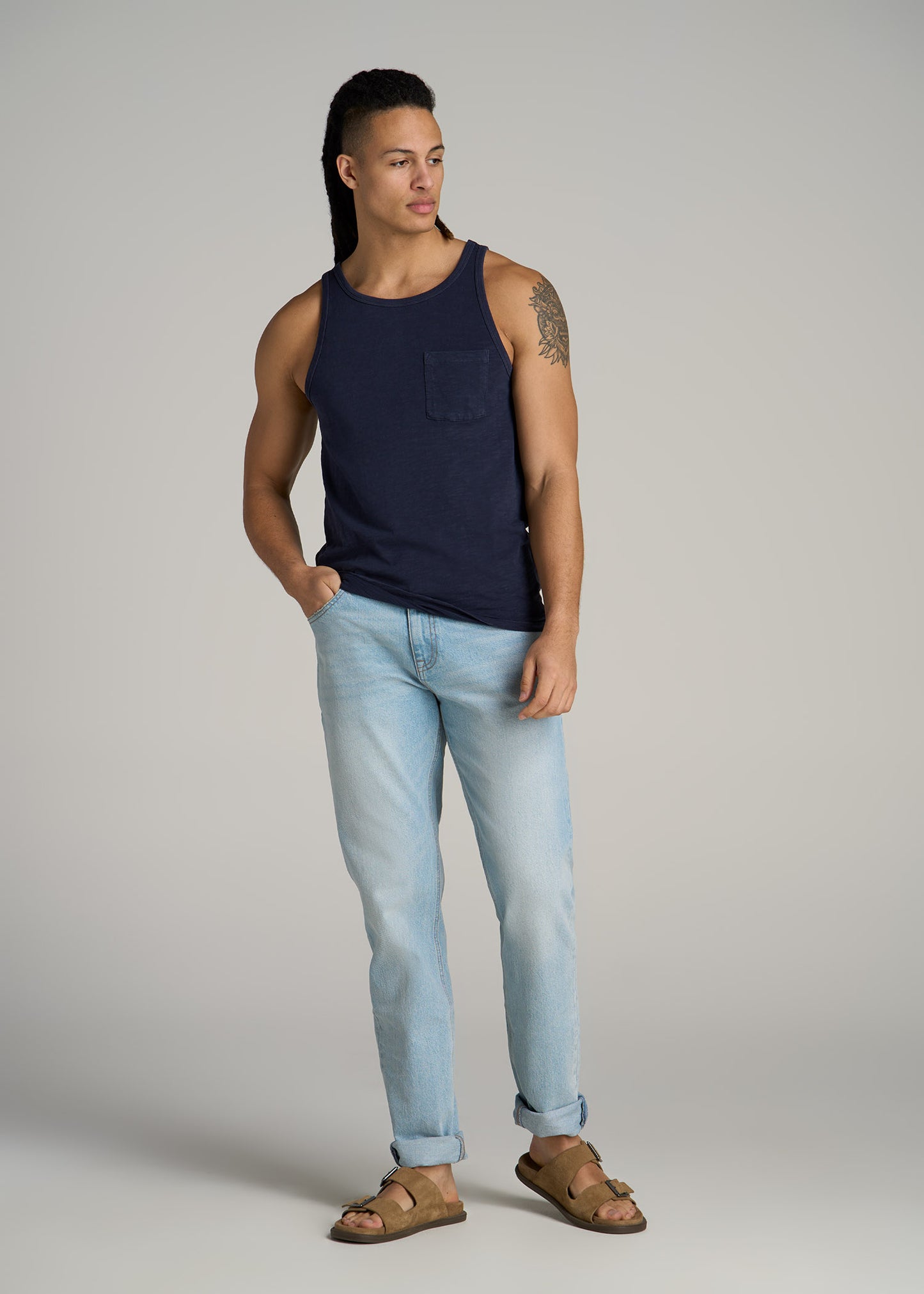 Garment Dyed Slub Pocket Tall Men's Tank Top in Evening Blue