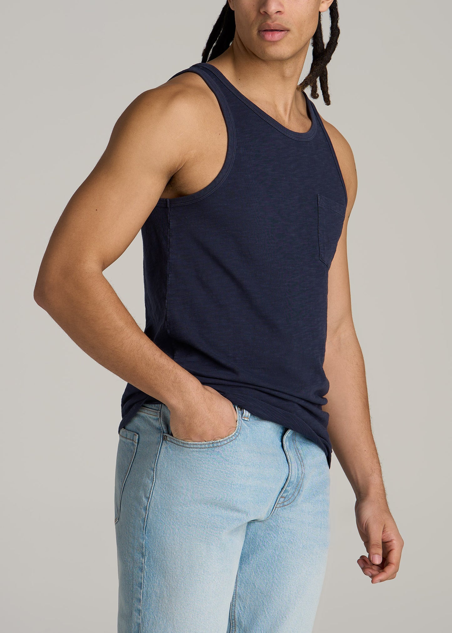 Garment Dyed Slub Pocket Tall Men's Tank Top in Evening Blue