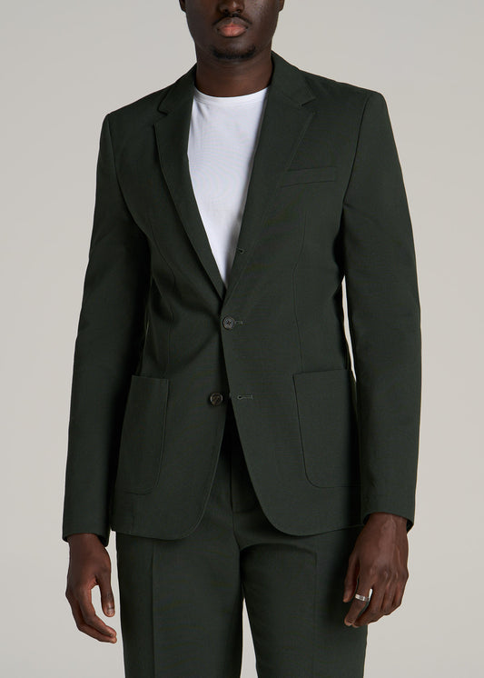 Textured Garment Washed Stretch Cotton Tall Blazer in Dark Olive Green