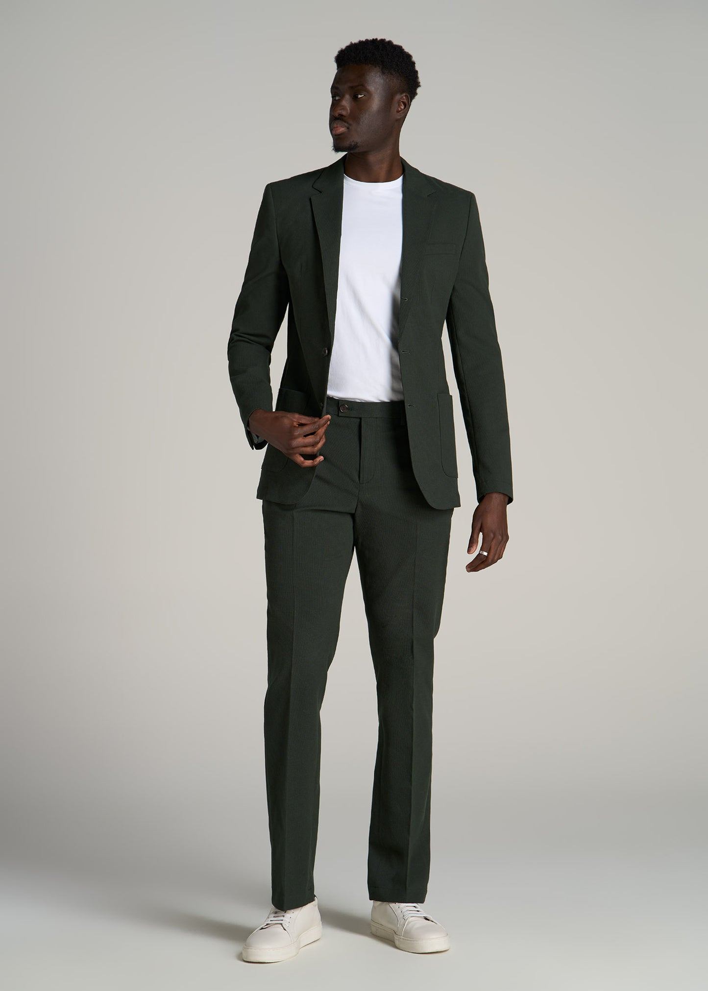 Textured Garment Washed Stretch Cotton Tall Blazer in Dark Olive Green